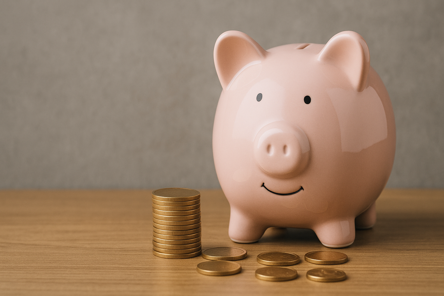piggy bank with coins on the table.