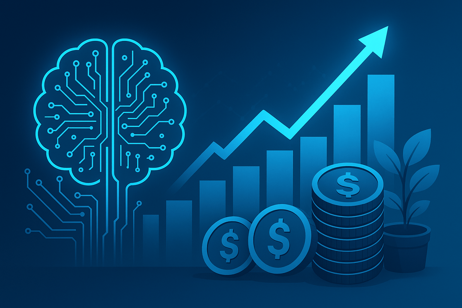 AI brain image with a stock ticker going up with currency and a plant growing.