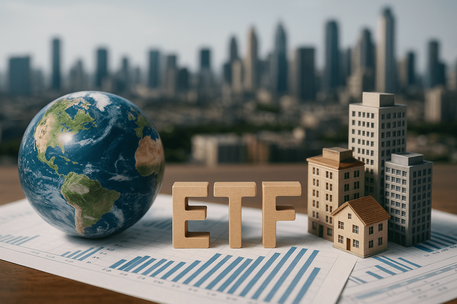 Image of a world and housing with the letter "ETF" to depict a global ETF investment.