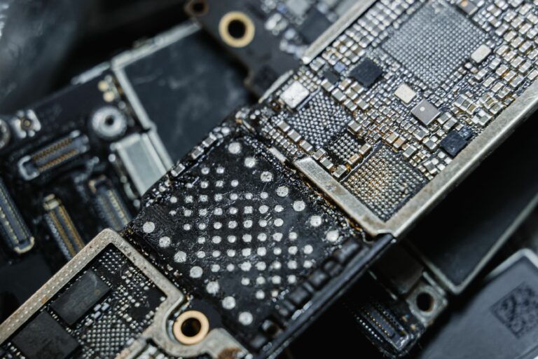 Close-up of electronic microchip components on a circuit board