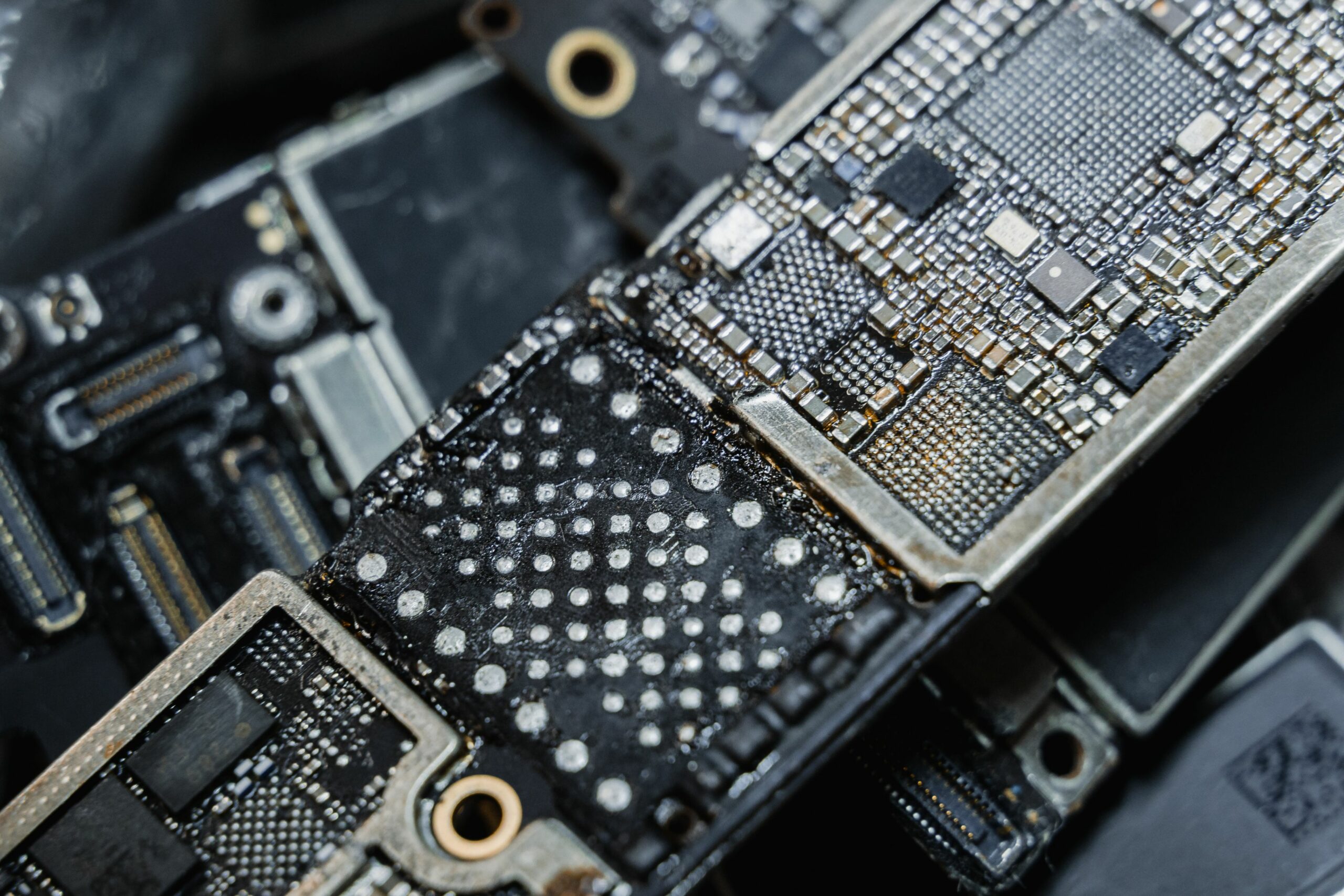 Close-up of electronic microchip components on a circuit board