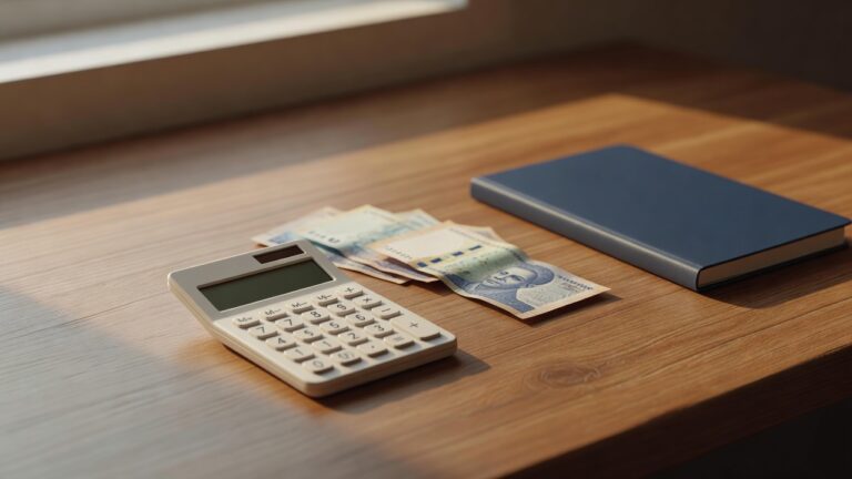 Calculator and rand notes on a wooden desk